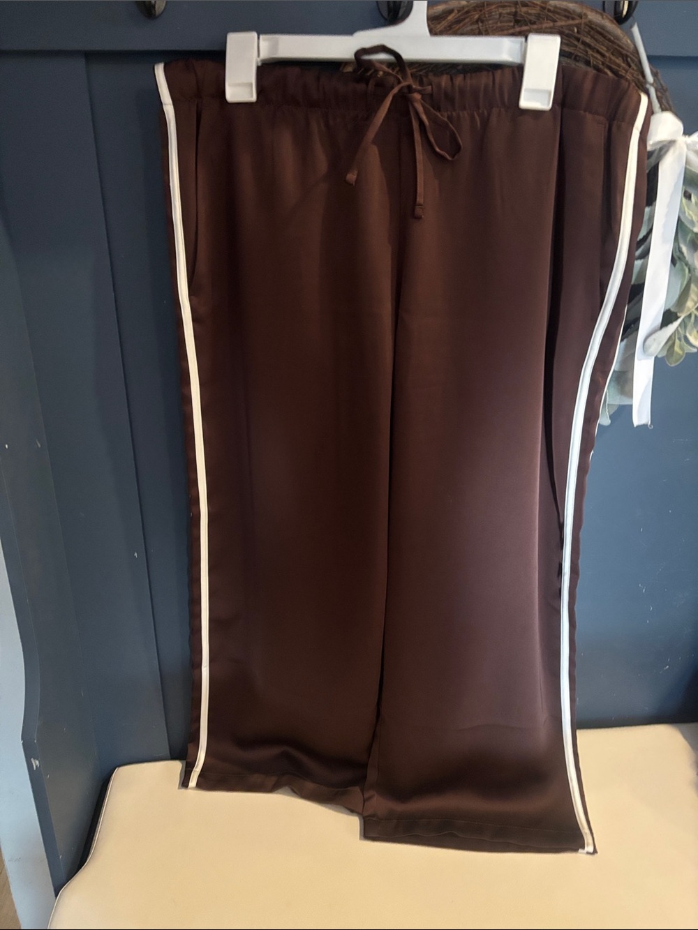 Women’s GAP Chocolate Brown Satin Track Pants with White Side Stripes